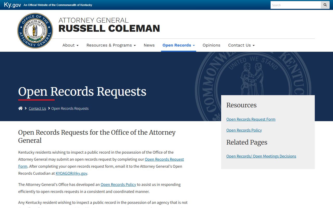 Kentucky Attorney General open records request process for arrest records