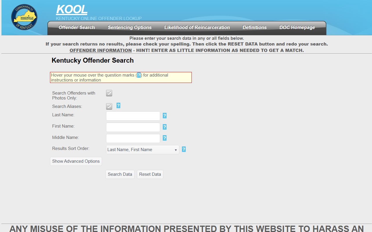 Kentucky booking records search using the KOOL system
